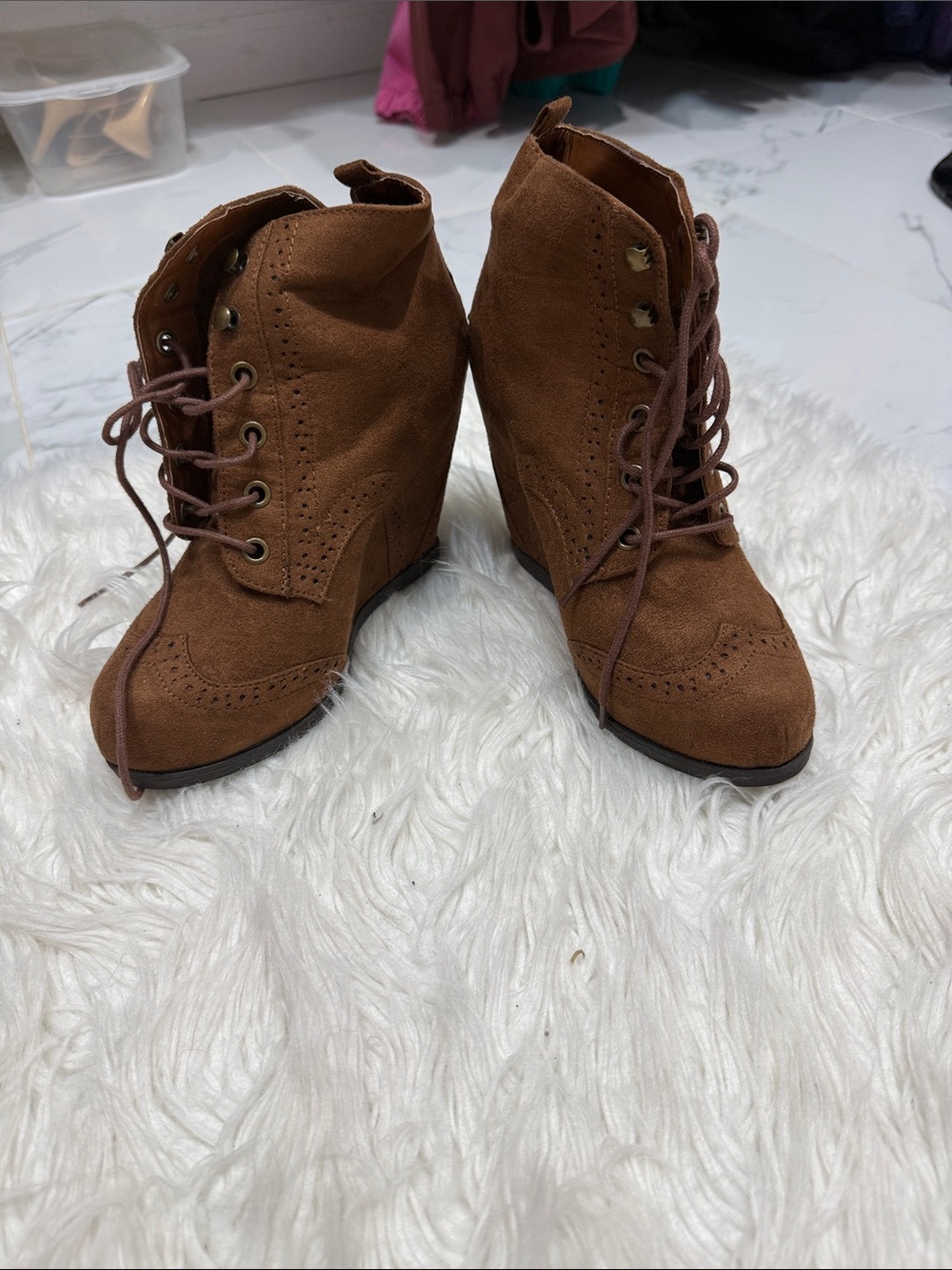 Women’s Brown Suede Lace-Up Wedge Booties